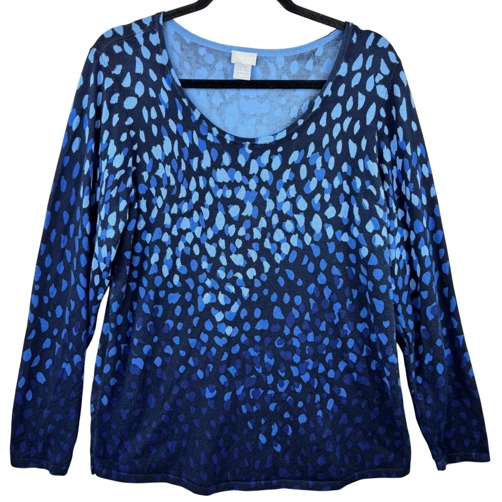 Chico's Sweater Women 2 Large Blue Navy Abstract Animal Print Ombre Pullover